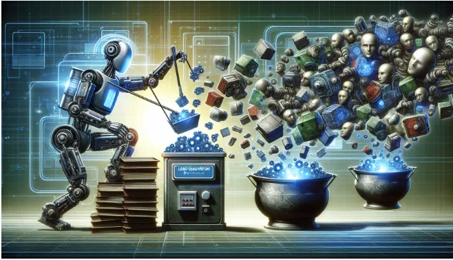 image of an imaginary android robot sorting through leads